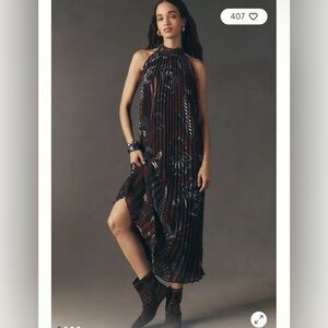 Anthropologie x Farm Rio Pleated Halter Dress Size Large Brown Floral